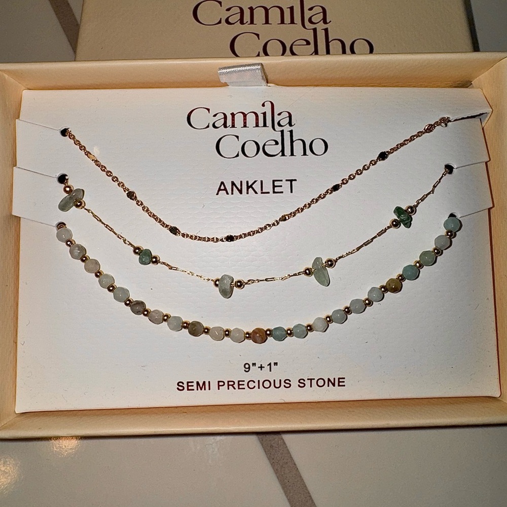 🆕Camila Coelho Gold and Green Stone Anklet Set of 3🆕